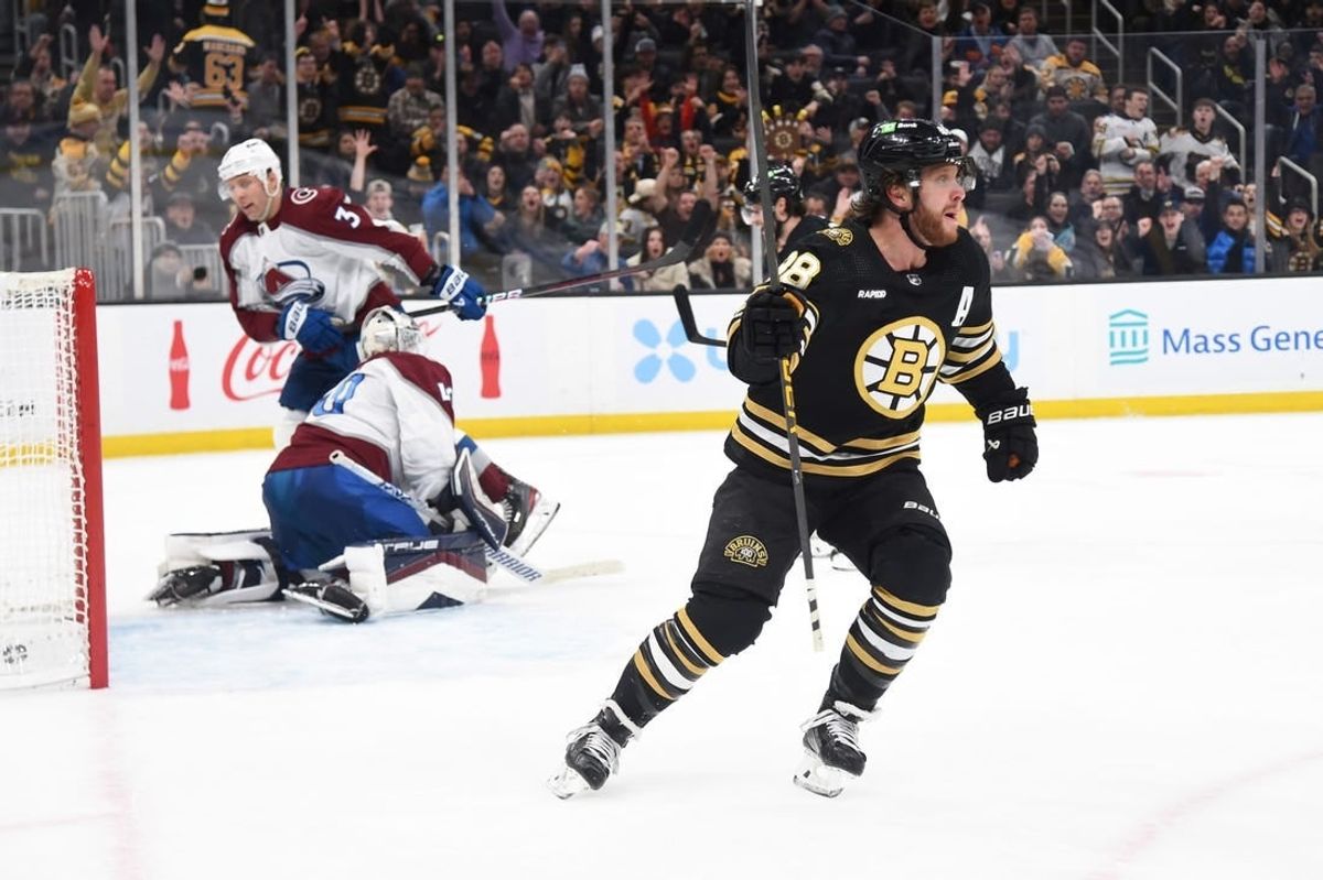 Jan 18, 2024; Boston, Massachusetts, USA; Boston Bruins right wing David Pastrnak (88) reacts after scoring a goal  during the third period against the Colorado Avalanche at TD Garden.