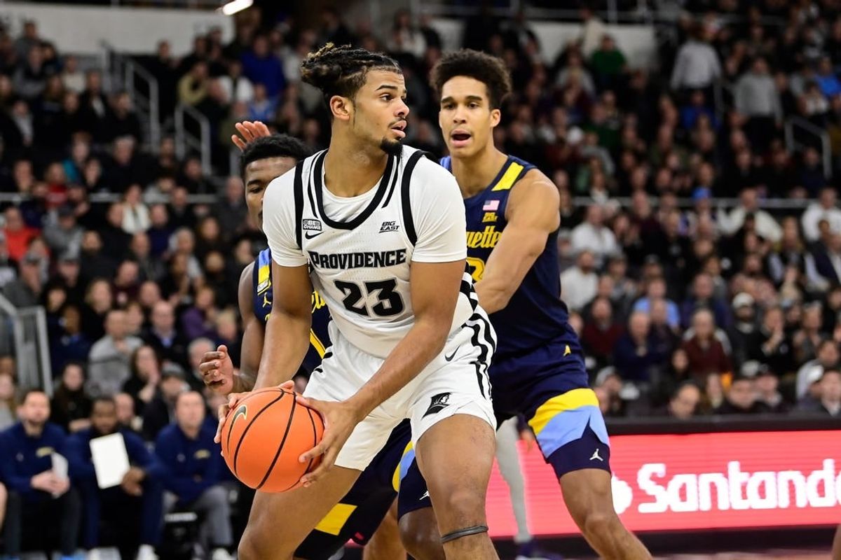 Dec 19, 2023; Providence, Rhode Island, USA; Providence Friars forward Bryce Hopkins (23) looks to pass the ball during the first half against the Marquette Golden Eagles at Amica Mutual Pavilion.