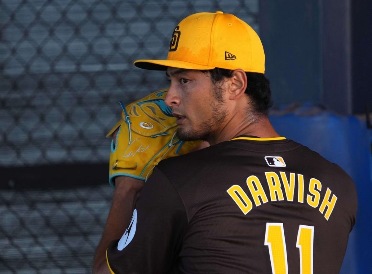 Feb 13, 2024; Peoria, AZ, USA; San Diego Padres pitcher Yu Darvish throws during a Spring Training workout at Peoria Sports Complex.