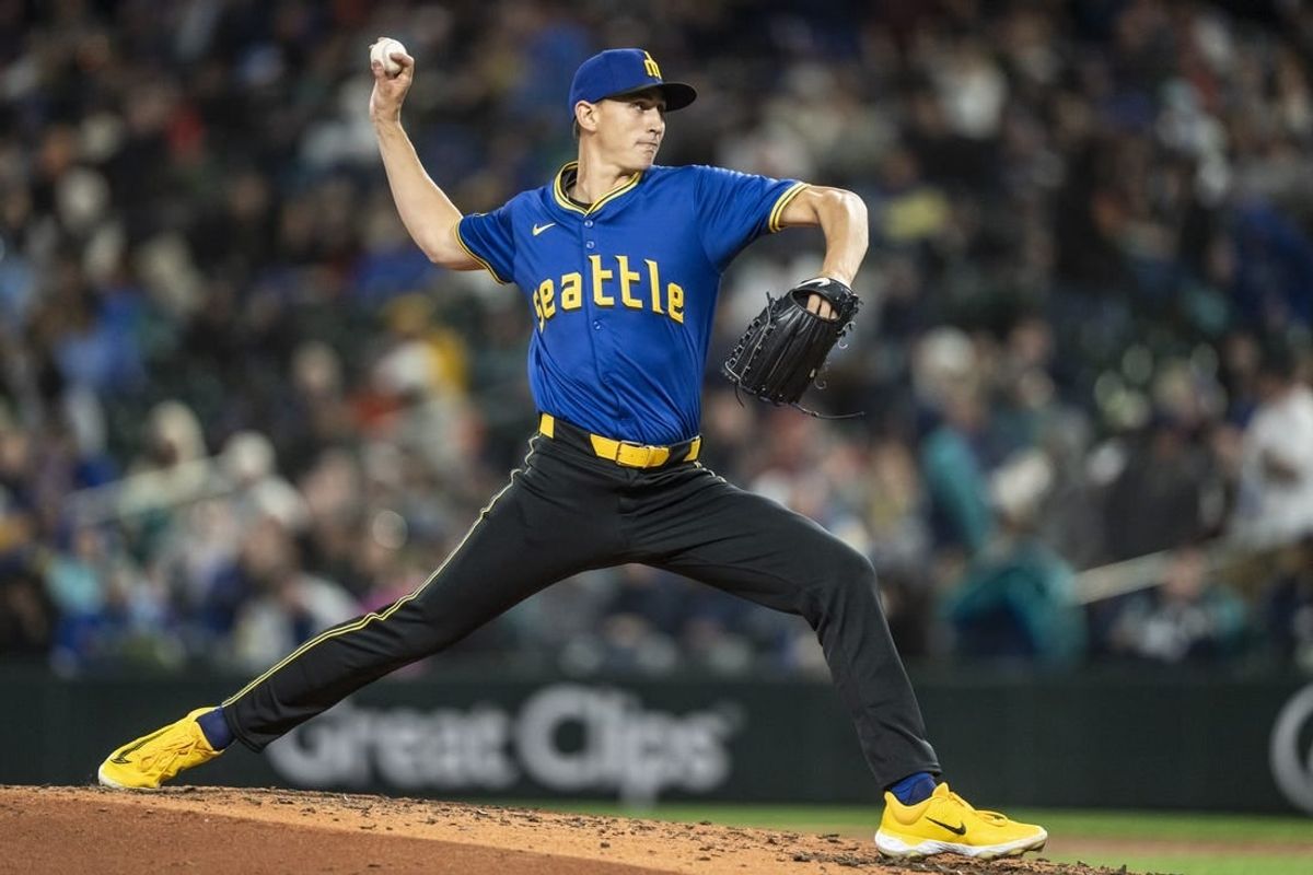 Mar 29, 2024; Seattle, Washington, USA; Seattle Mariners starter George Kirby (68) delivers a pitch during the sixth inning against the Boston Red Sox at T-Mobile Park.
