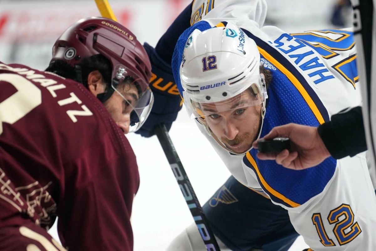 Nov 22, 2023; Tempe, Arizona, USA; St. Louis Blues right wing Kevin Hayes (12) lines up for a face off against Arizona Coyotes center Nick Schmaltz (8) during the second period at Mullett Arena.