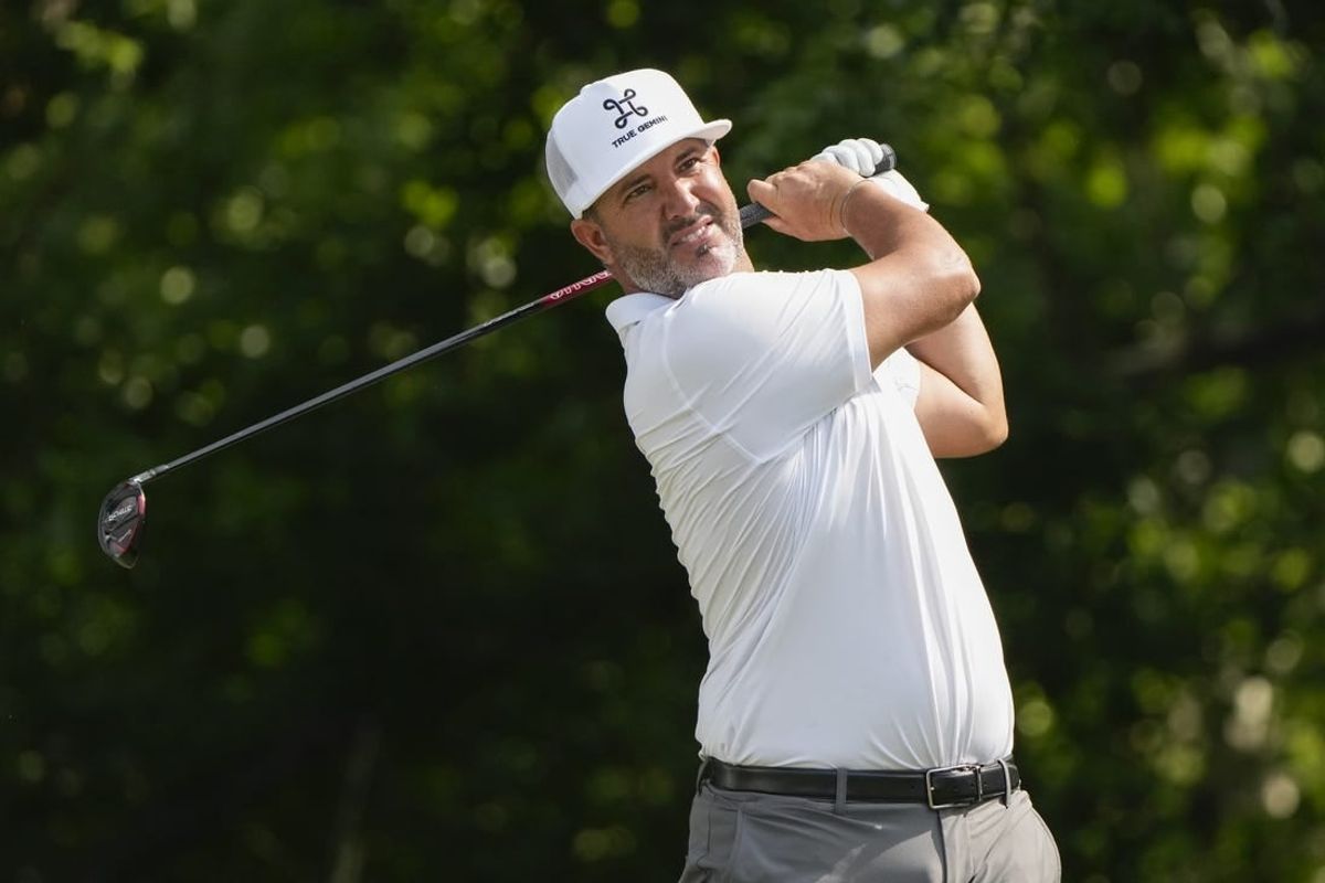 May 26, 2023; Fort Worth, Texas, USA; Scott Piercy plays his shot from the sixth tee during the second round of the Charles Schwab Challenge golf tournament.