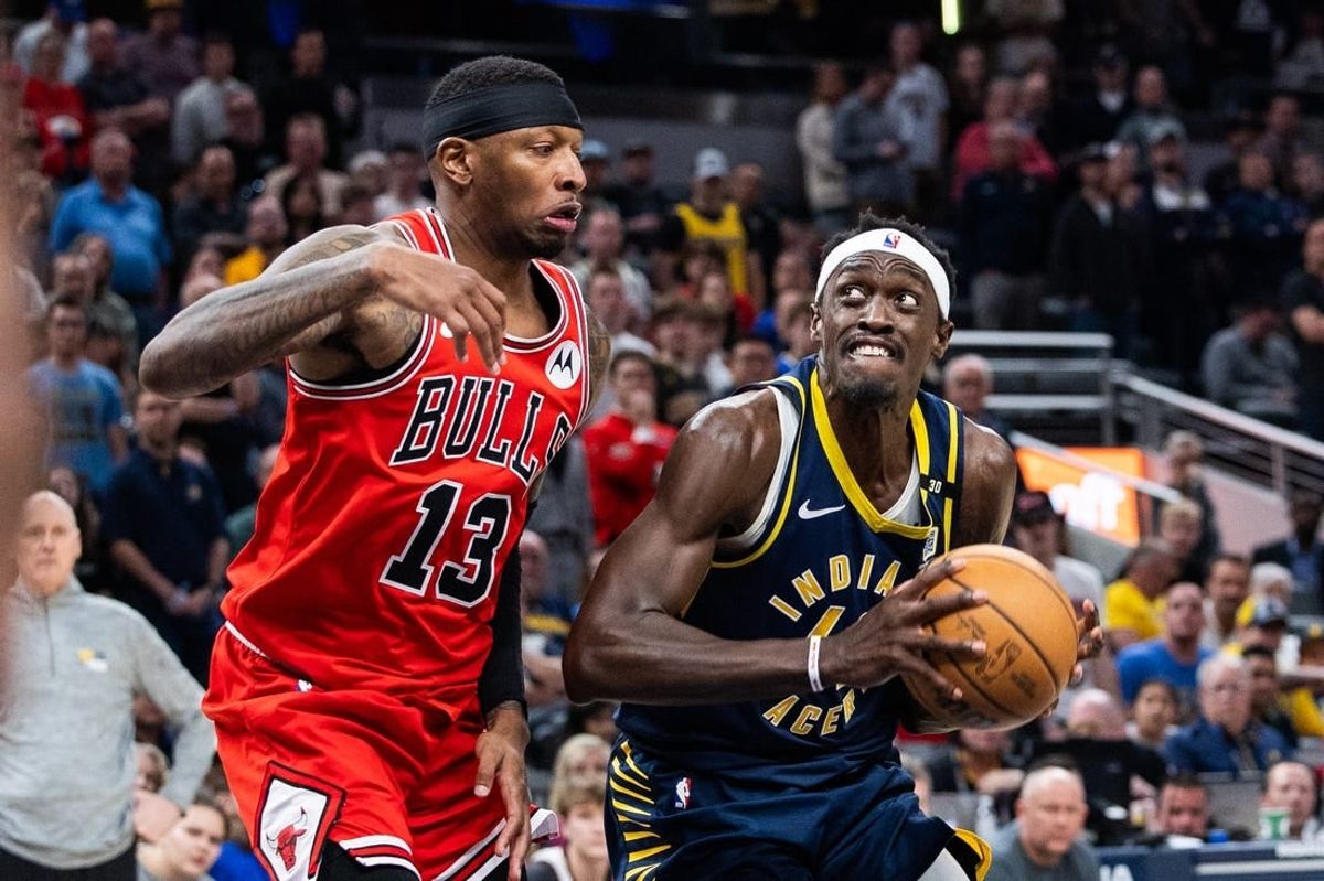 Mar 13, 2024; Indianapolis, Indiana, USA; Indiana Pacers forward Pascal Siakam (43) shoots the ball while Chicago Bulls forward Torrey Craig (13) defends in the second half at Gainbridge Fieldhouse.