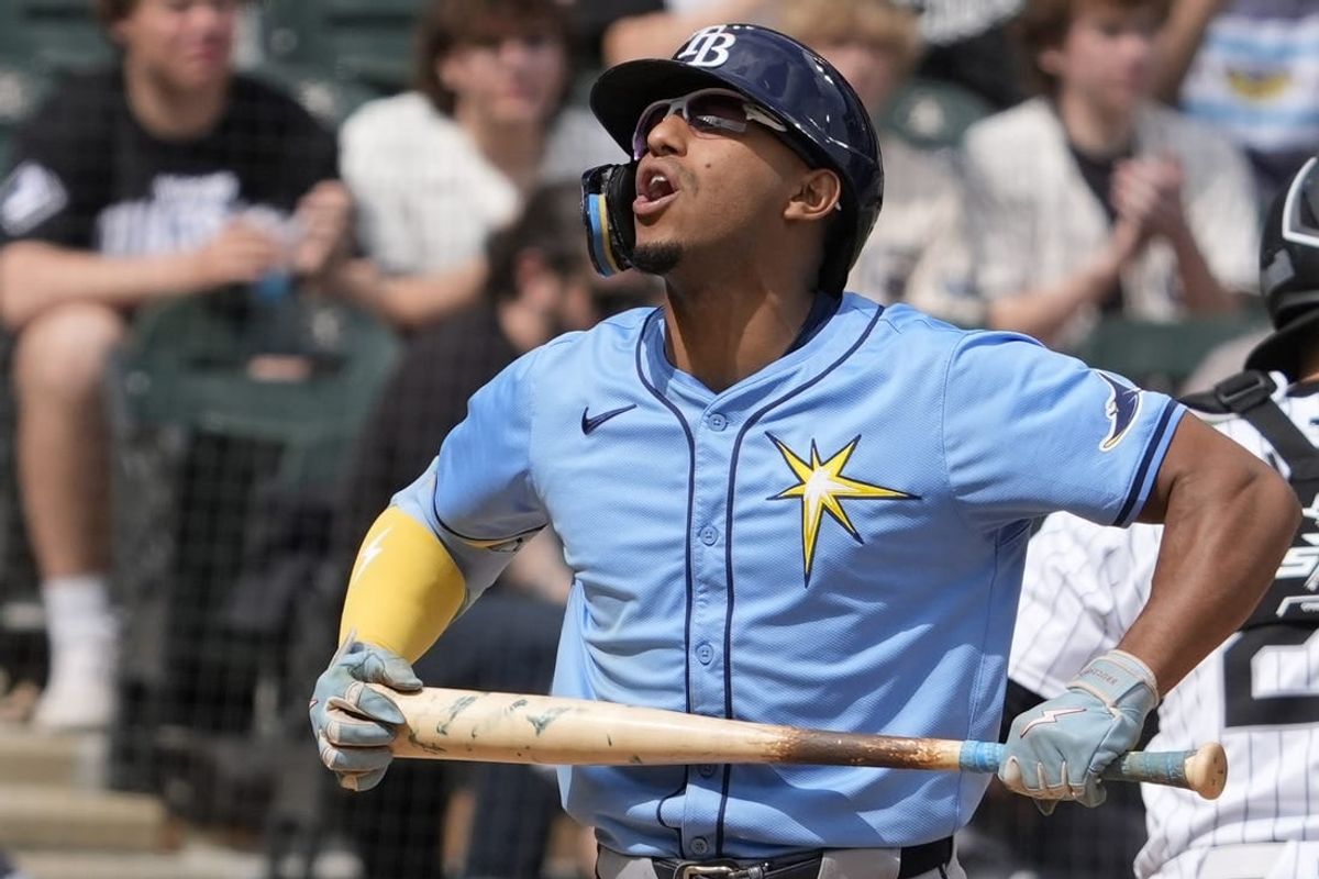 Apr 28, 2024; Chicago, Illinois, USA; Tampa Bay Rays outfielder Richie Palacios (1) reacts after striking out against the Chicago White Sox during the eighth inning at Guaranteed Rate Field.