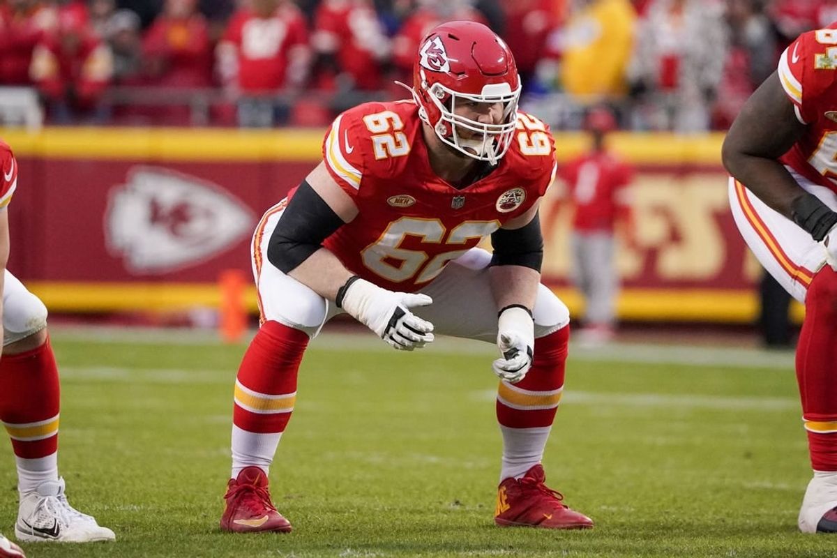 Dec 10, 2023; Kansas City, Missouri, USA; Kansas City Chiefs guard Joe Thuney (62) at the line of scrimmage against the Buffalo Bills during the game at GEHA Field at Arrowhead Stadium.