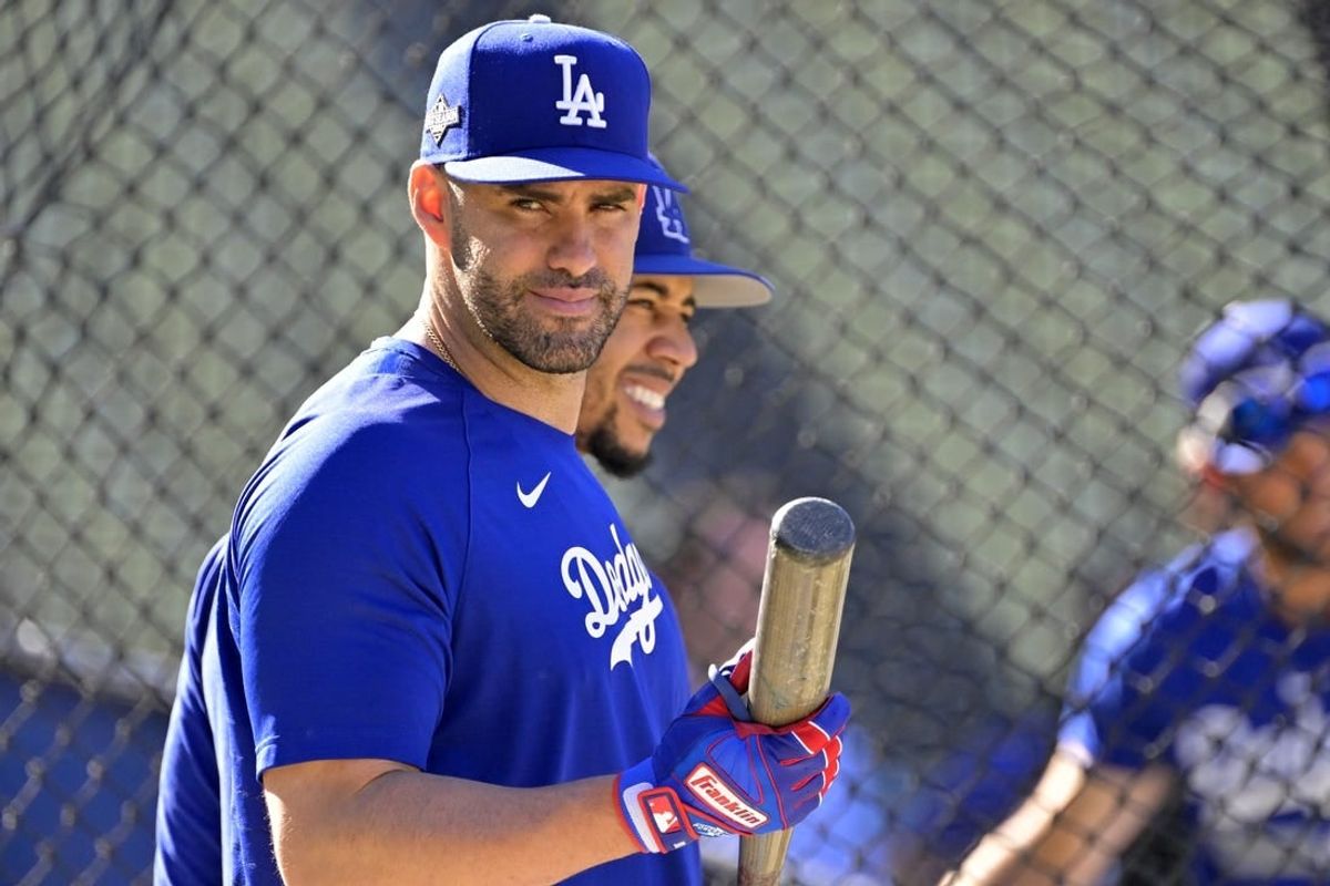 Oct 7, 2023; Los Angeles, California, USA; Los Angeles Dodgers designated hitter J.D. Martinez (28) during batting practice before game one of the NLDS for the 2023 MLB playoffs against the Arizona Diamondbacks at Dodger Stadium.