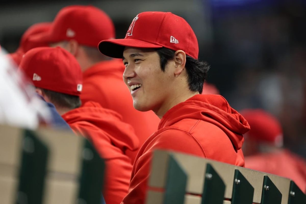 Sep 16, 2023; Anaheim, California, USA;  Los Angeles Angels two-way player Shohei Ohtani (17) in the dugout  during the seventh inning against the Detroit Tigers at Angel Stadium.