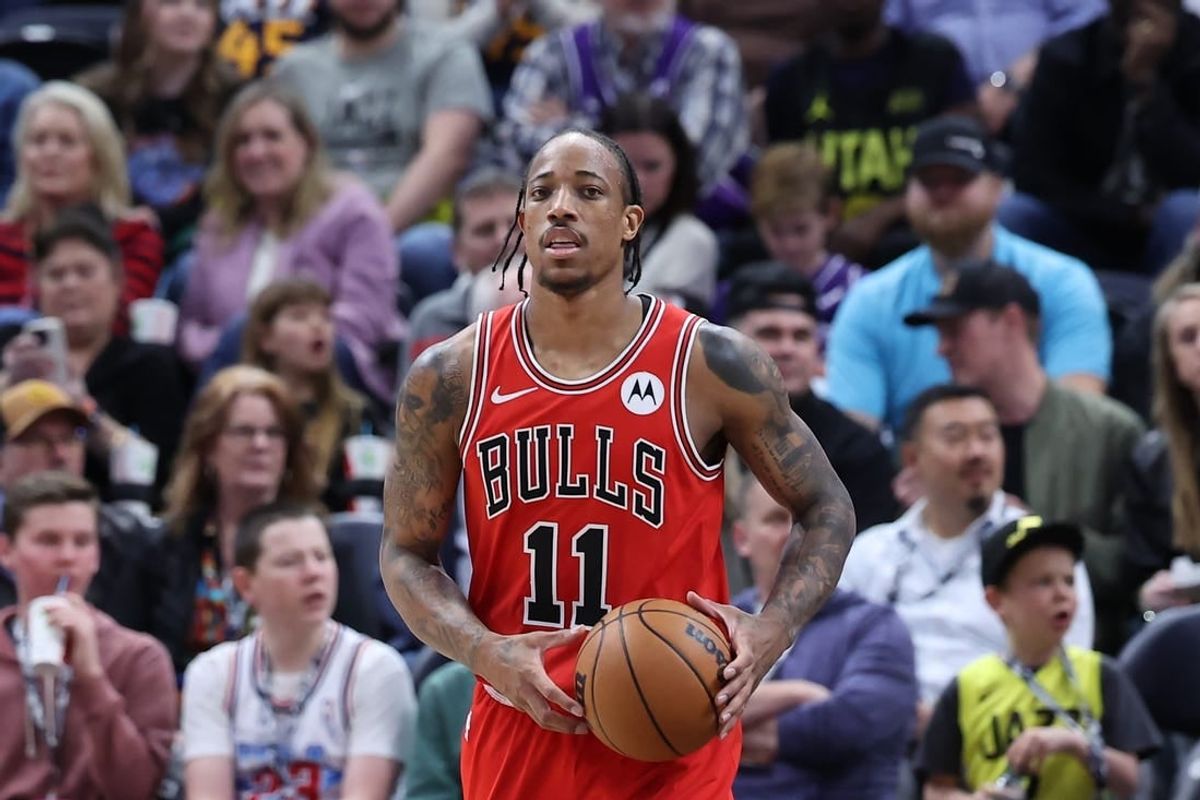 Mar 6, 2024; Salt Lake City, Utah, USA; Chicago Bulls forward DeMar DeRozan (11) holds the ball against the Utah Jazz during the third quarter at Delta Center.