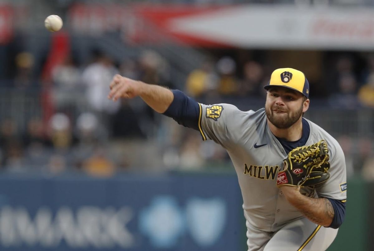 Apr 24, 2024; Pittsburgh, Pennsylvania, USA;  Milwaukee Brewers starting pitcher Bryse Wilson (46) delivers a pitch against the Pittsburgh Pirates during the first inning at PNC Park.