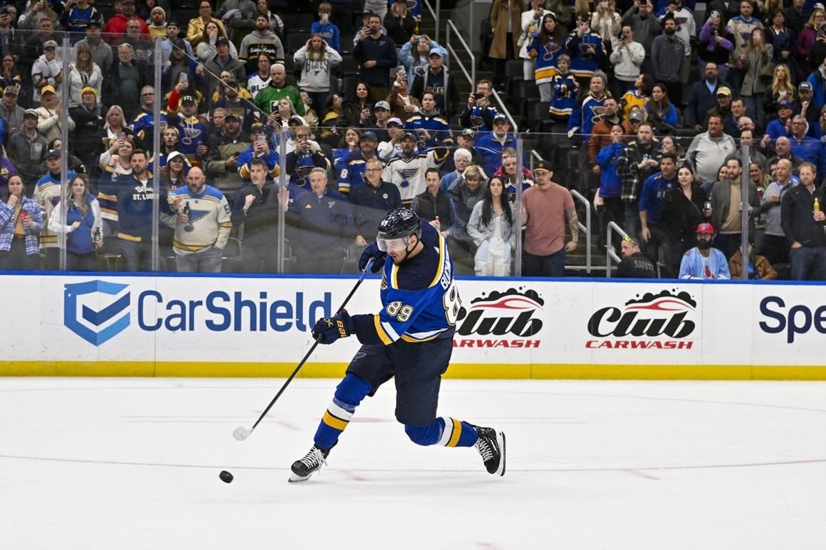 Mar 25, 2024; St. Louis, Missouri, USA;  St. Louis Blues left wing Pavel Buchnevich (89) shoots a penalty shot against Vegas Golden Knights goaltender Logan Thompson (not pictured) in overtime at Enterprise Center.