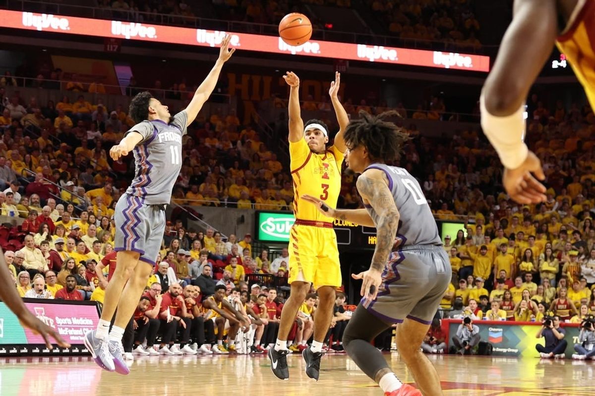 Feb 10, 2024; Ames, Iowa, USA; Iowa State Cyclones guard Tamin Lipsey (3) shoots over TCU Horned Frogs guard Trevian Tennyson (11) during the first half at James H. Hilton Coliseum.
