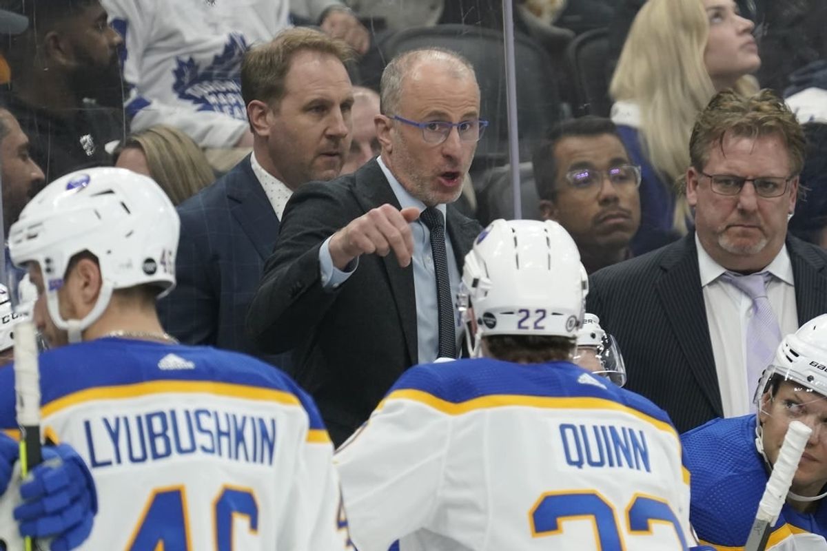 Mar 13, 2023; Toronto, Ontario, CAN; Buffalo Sabres head coach Don Granato talks his team during the third period against the Toronto Maple Leafs at Scotiabank Arena.