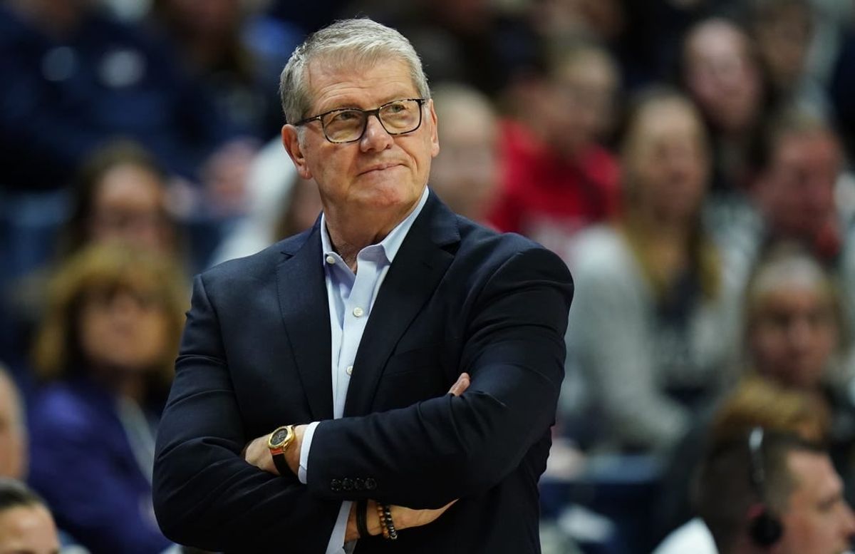 Feb 16, 2024; Storrs, Connecticut, USA; UConn Huskies head coach Geno Auriemma watches from the sideline as they take on the Georgetown Hoyas at Harry A. Gampel Pavilion.