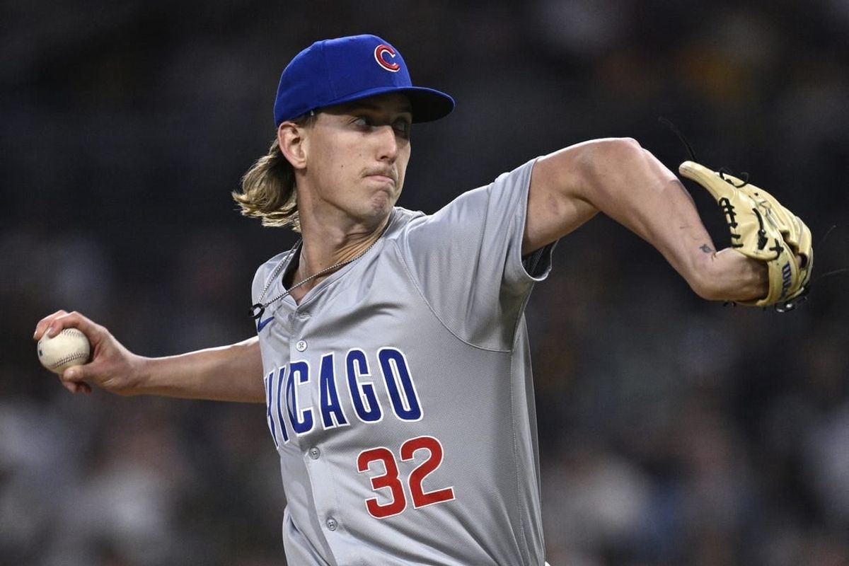 Apr 9, 2024; San Diego, California, USA; Chicago Cubs starting pitcher Ben Brown (32) throws a pitch against the San Diego Padres during the first inning at Petco Park.