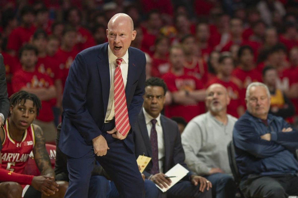 Dec 6, 2023; College Park, Maryland, USA;  Maryland Terrapins head coach Kevin Willard reacts during the first half against the Penn State Nittany Lions at Xfinity Center.
