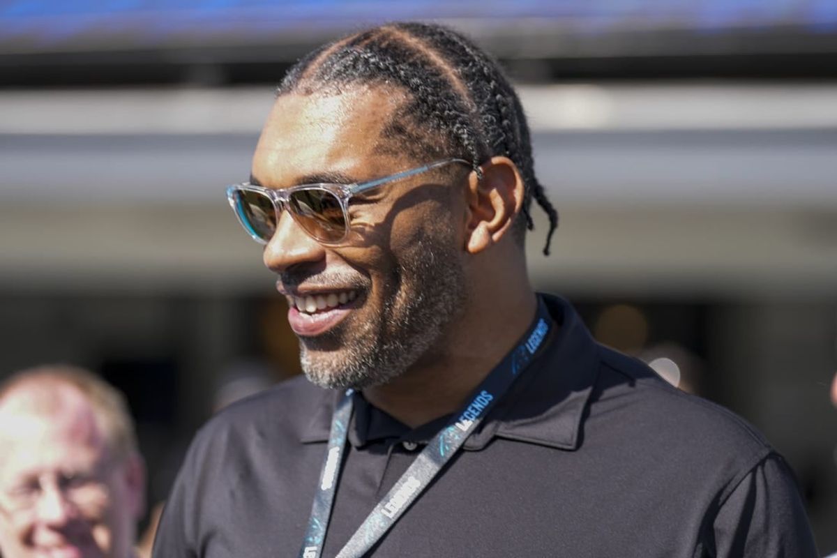 Oct 29, 2023; Charlotte, North Carolina, USA; Former Panther defensive end Julius Peppers awaits his induction into the Panthers Ring of Honor during the first quarter between the Carolina Panthers and the Houston Texans at Bank of America Stadium.