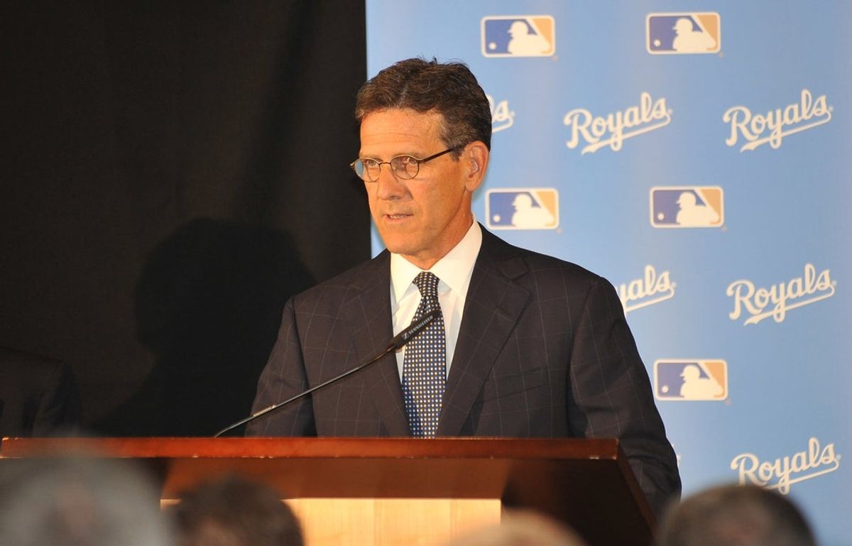 August 02, 2011; Kansas City, MO, USA; MLB executive vice president of business Tim Brosnan addresses the crowd during the unveiling of the 2012 All Star Game logo at Kauffman Stadium. Mandatory Credit: Denny Medley-Imagn Images