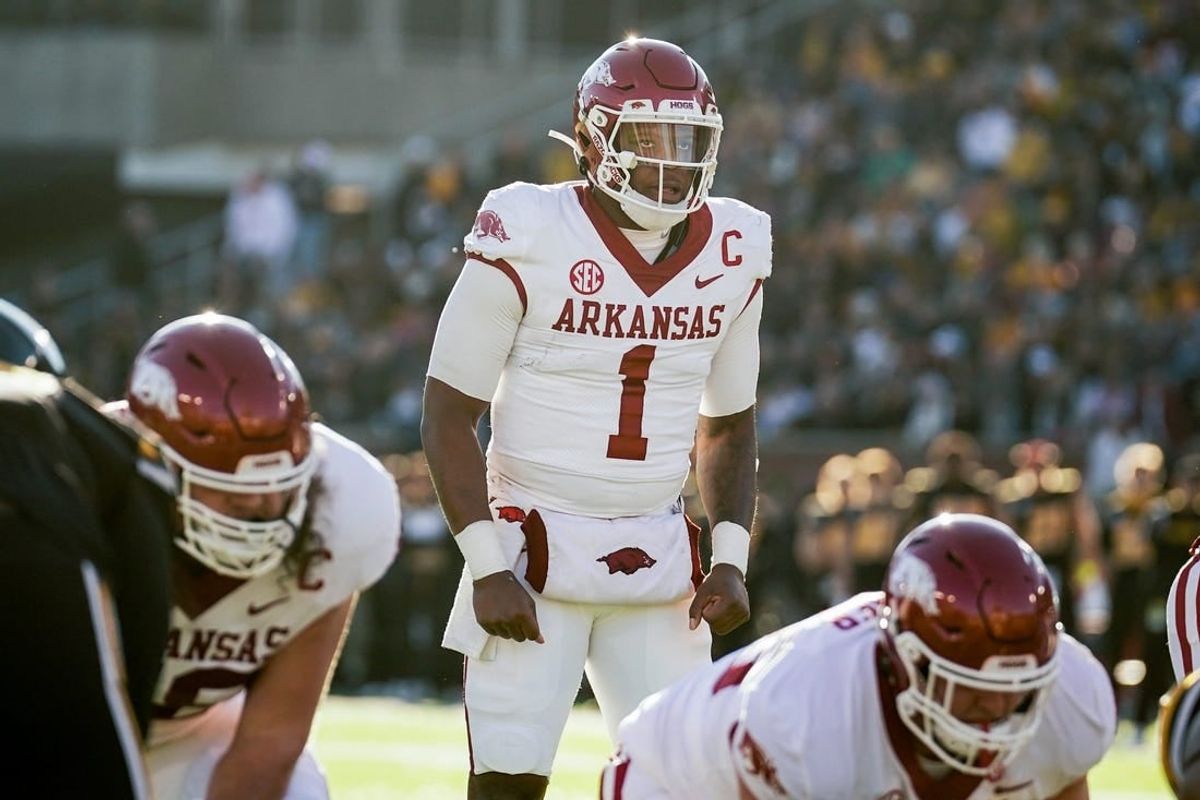 Nov 25, 2022; Columbia, Missouri, USA; Arkansas Razorbacks quarterback KJ Jefferson (1) against the Missouri Tigers during the game at Faurot Field at Memorial Stadium.