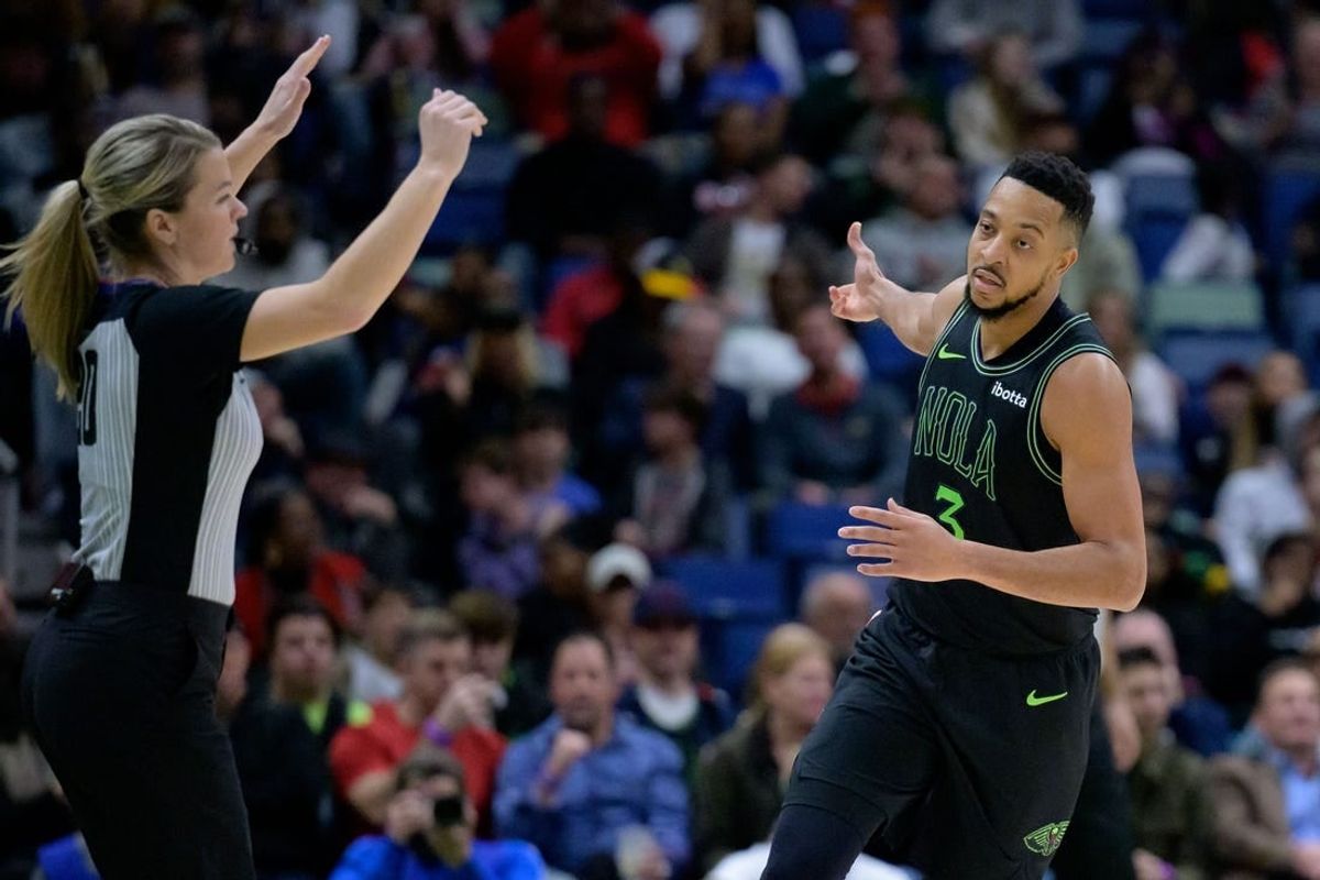 Jan 23, 2024; New Orleans, Louisiana, USA; New Orleans Pelicans guard CJ McCollum (3) celebrates a three-point basket against the Utah Jazz during the second half at Smoothie King Center.