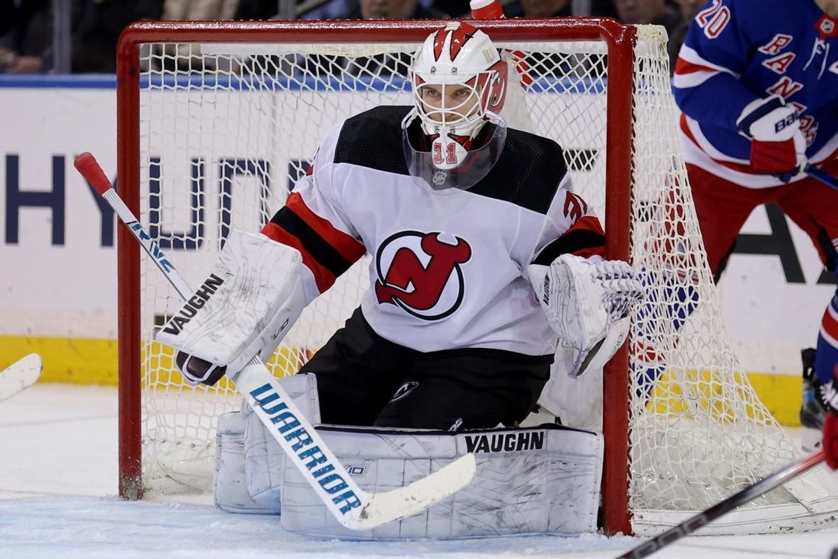 Mar 11, 2024; New York, New York, USA; New Jersey Devils goaltender Kaapo Kahkonen (31) tends net against the New York Rangers during the third period at Madison Square Garden.