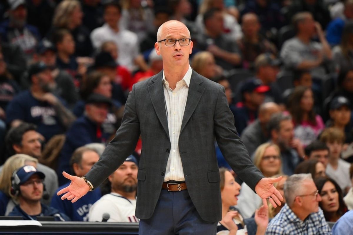Dec 15, 2023; Seattle, Washington, USA; Connecticut Huskies head coach Dan Hurley during the first half against the Gonzaga Bulldogs at Climate Pledge Arena.