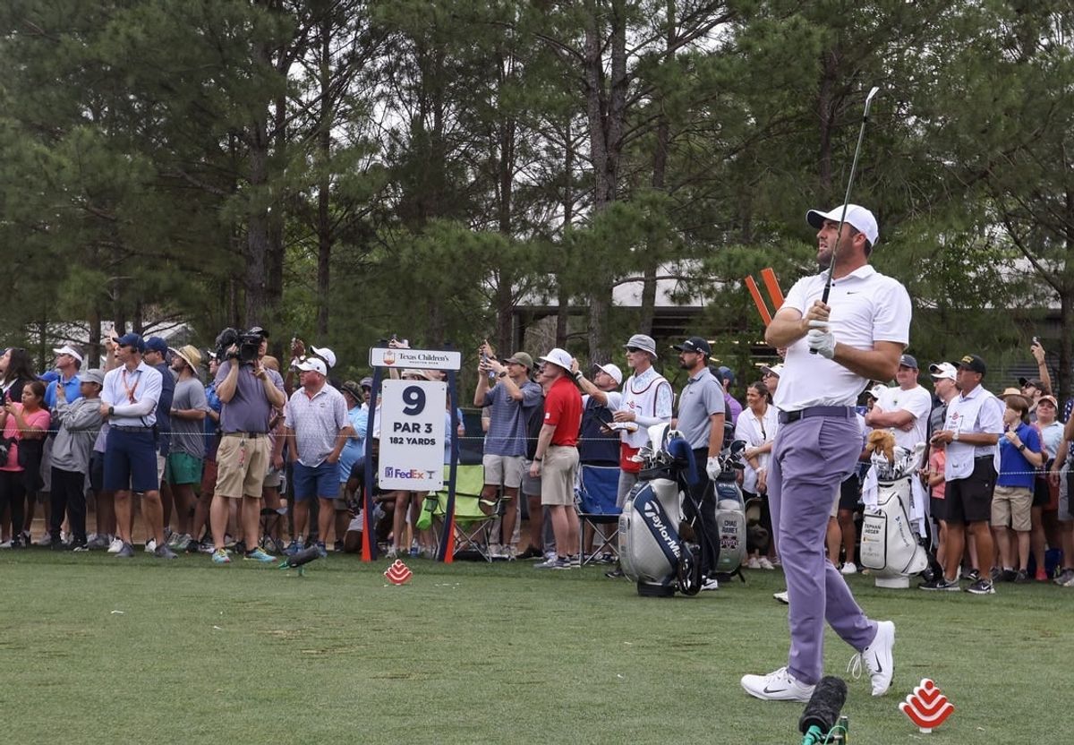 Mar 30, 2024; Houston, Texas, USA; Scottie Scheffler (USA) drives off the ninth tee during the third round of the Texas Children's Houston Open golf tournament.