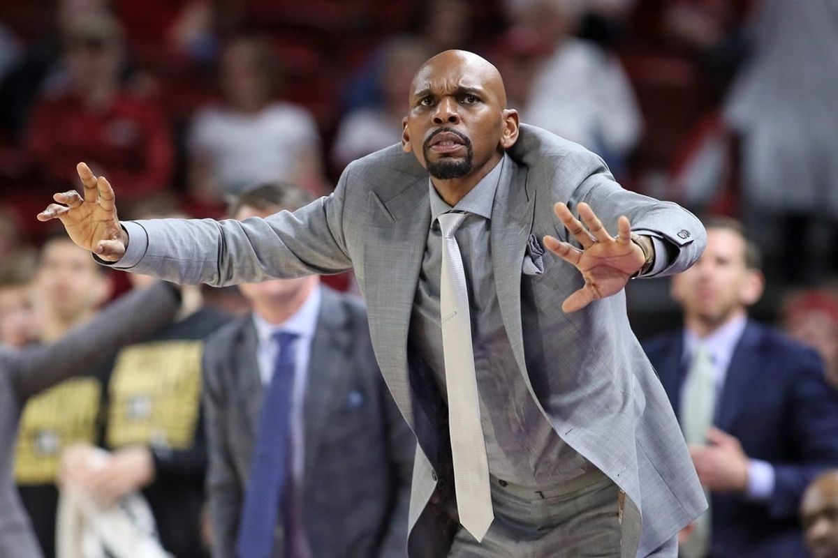 Feb 27, 2024; Fayetteville, Arkansas, USA; Vanderbilt Commodores head coach Jerry Stackhouse during the game against the Arkansas Razorbacks at Bud Walton Arena. Vanderbilt won 85-82.