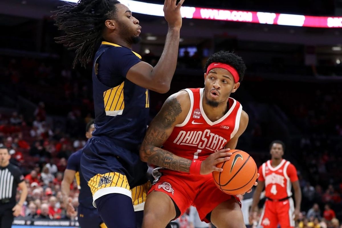Nov 15, 2023; Columbus, Ohio, USA;  Ohio State Buckeyes guard Roddy Gayle Jr. (1) looks for space to dribble as Merrimack College Warriors forward Bryan Etumnu (11)defends during the second half at Value City Arena.