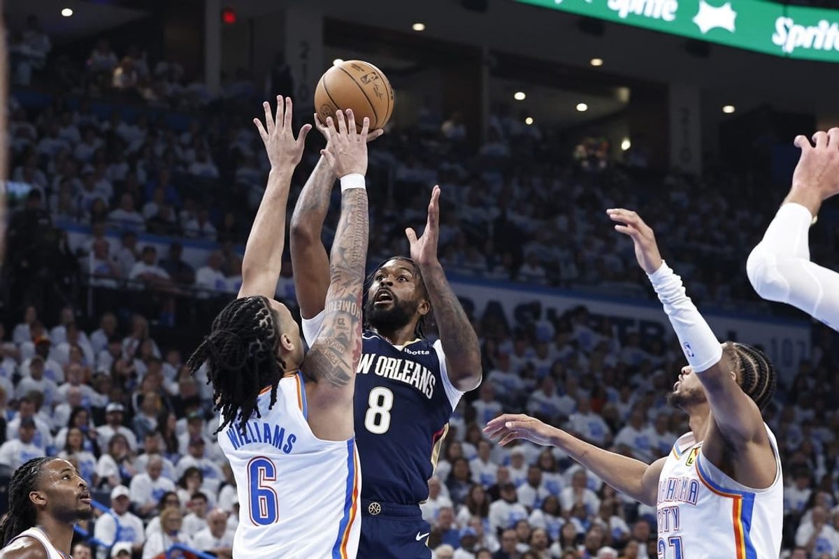 Apr 21, 2024; Oklahoma City, Oklahoma, USA; New Orleans Pelicans forward Naji Marshall (8) shoots as Oklahoma City Thunder forward Jaylin Williams (6) defends during the second quarter of game one of the first round for the 2024 NBA playoffs at Paycom Center.