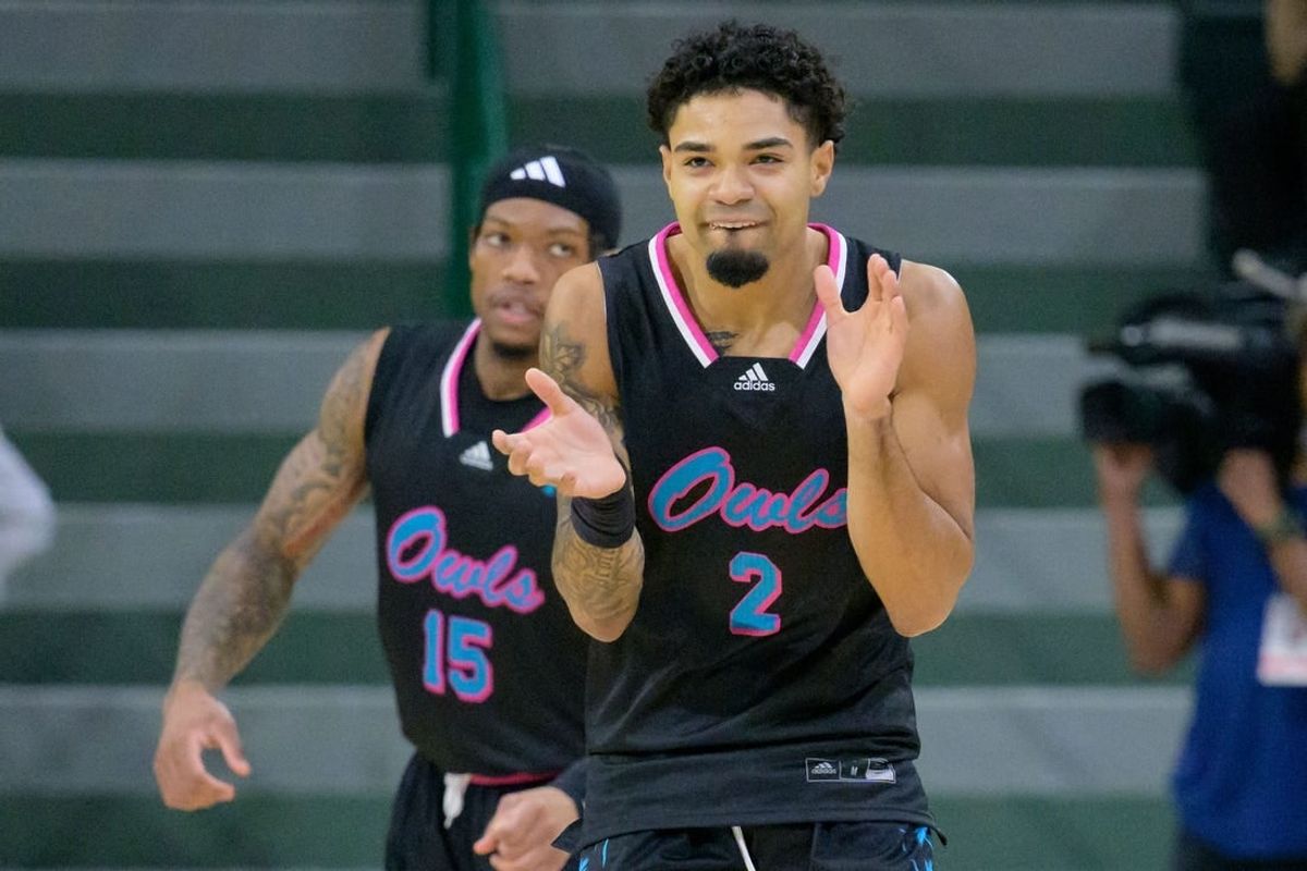Jan 11, 2024; New Orleans, Louisiana, USA;  Florida Atlantic Owls guard Nicholas Boyd (2) reacts after making a three point basket against the Tulane Green Wave during the first half at Avron B. Fogelman Arena in Devlin Fieldhouse.