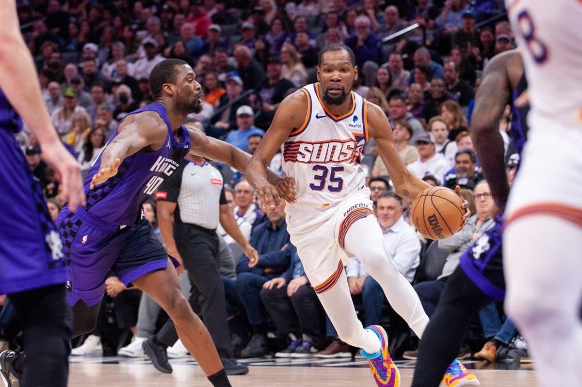 Apr 12, 2024; Sacramento, California, USA; Phoenix Suns forward Kevin Durant (35) drives to the basket during the second quarter at Golden 1 Center.