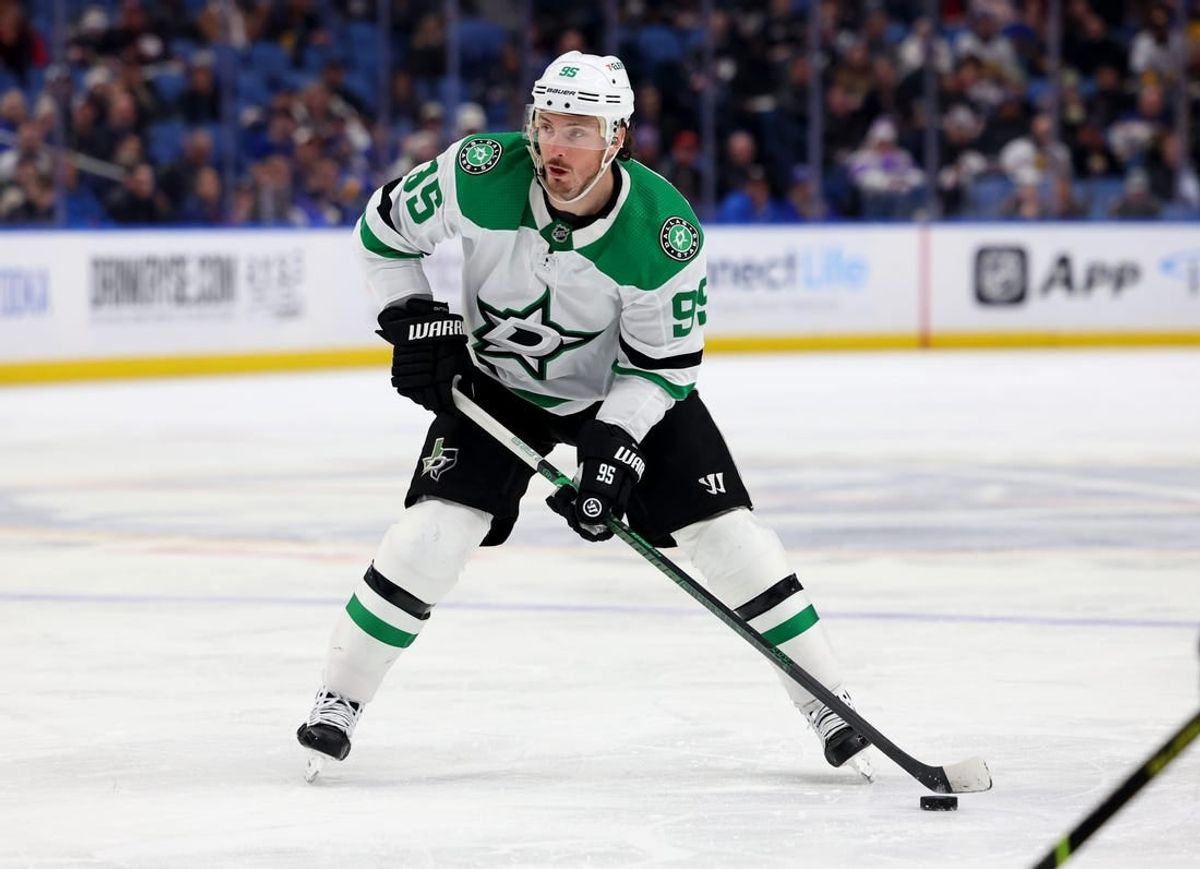 Feb 6, 2024; Buffalo, New York, USA;  Dallas Stars center Matt Duchene (95) looks to make a pass during the third period against the Buffalo Sabres at KeyBank Center.