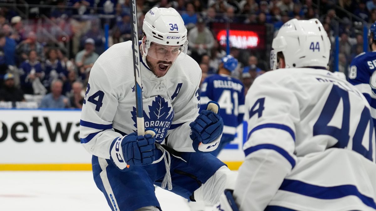 Auston Matthews celebrats a first-period goal against Tampa in yesterday’s victory.