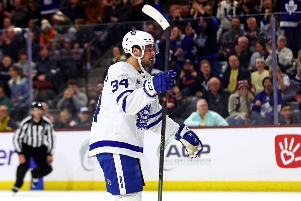 Feb 21, 2024; Tempe, Arizona, USA; Toronto Maple Leafs center Auston Matthews (34) celebrates after scoring a goal during the first period against the Arizona Coyotes at Mullett Arena.