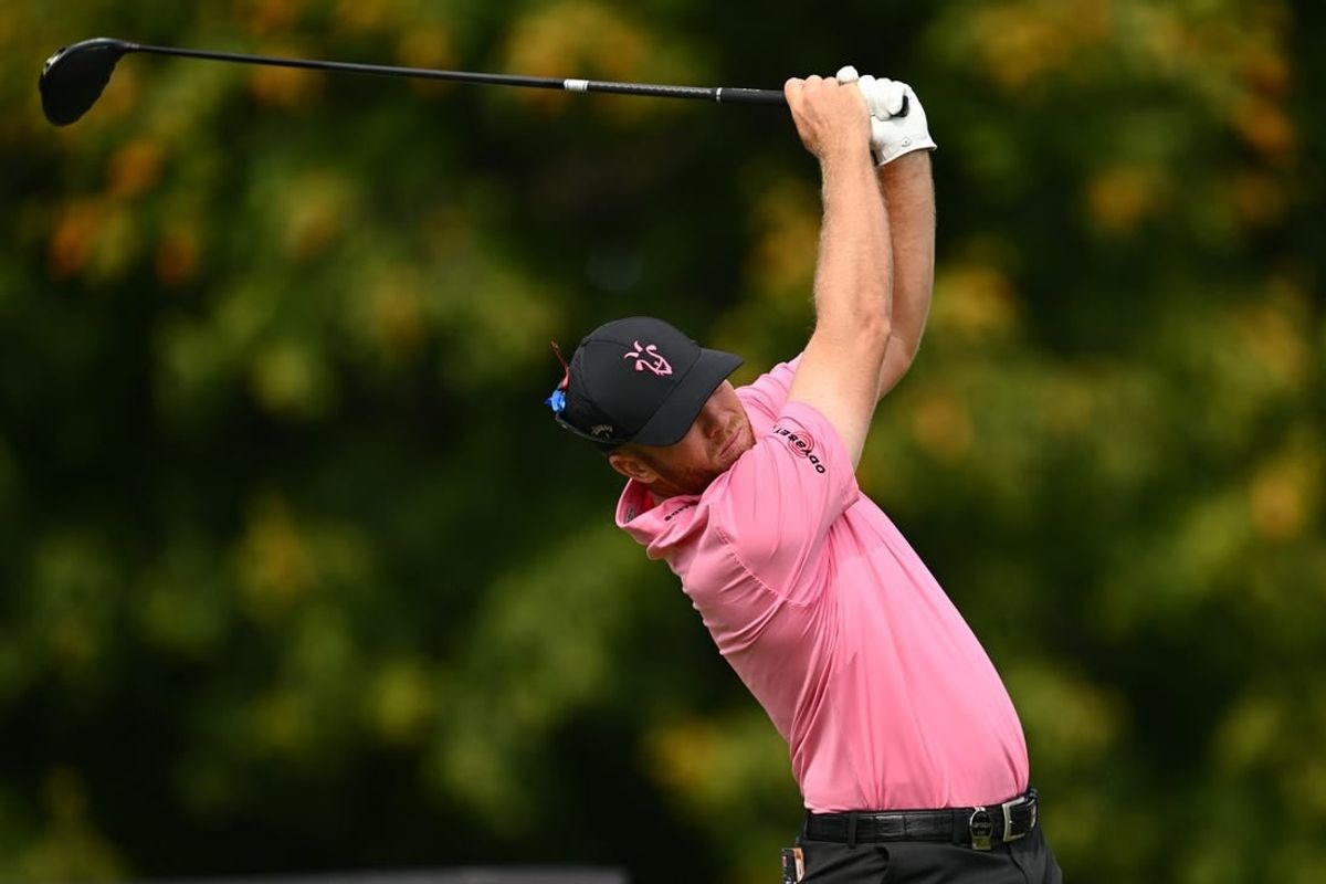 Sep 24, 2023; Sugar Grove, Illinois, USA; Talor Gooch tees off from the 2nd tee during the final round of the LIV Golf Chicago golf tournament at Rich Harvest Farms.