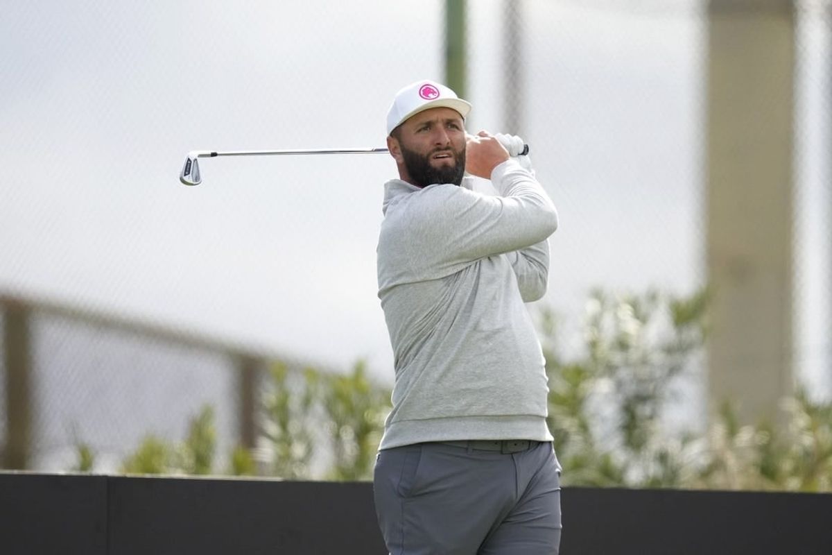 Feb 9, 2024; Las Vegas, Nevada, USA; Jon Rahm plays his shot from the 16th tee during the second round of the LIV Golf Las Vegas tournament at Las Vegas Country Club.