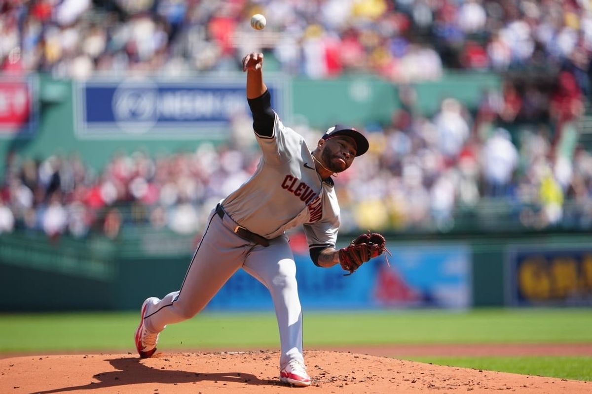 Apr 15, 2024; Boston, Massachusetts, USA; Cleveland Guardians pitcher Xzavion Curry (42) delivers a pitch against the Boston Red Sox during the first inning at Fenway Park.
