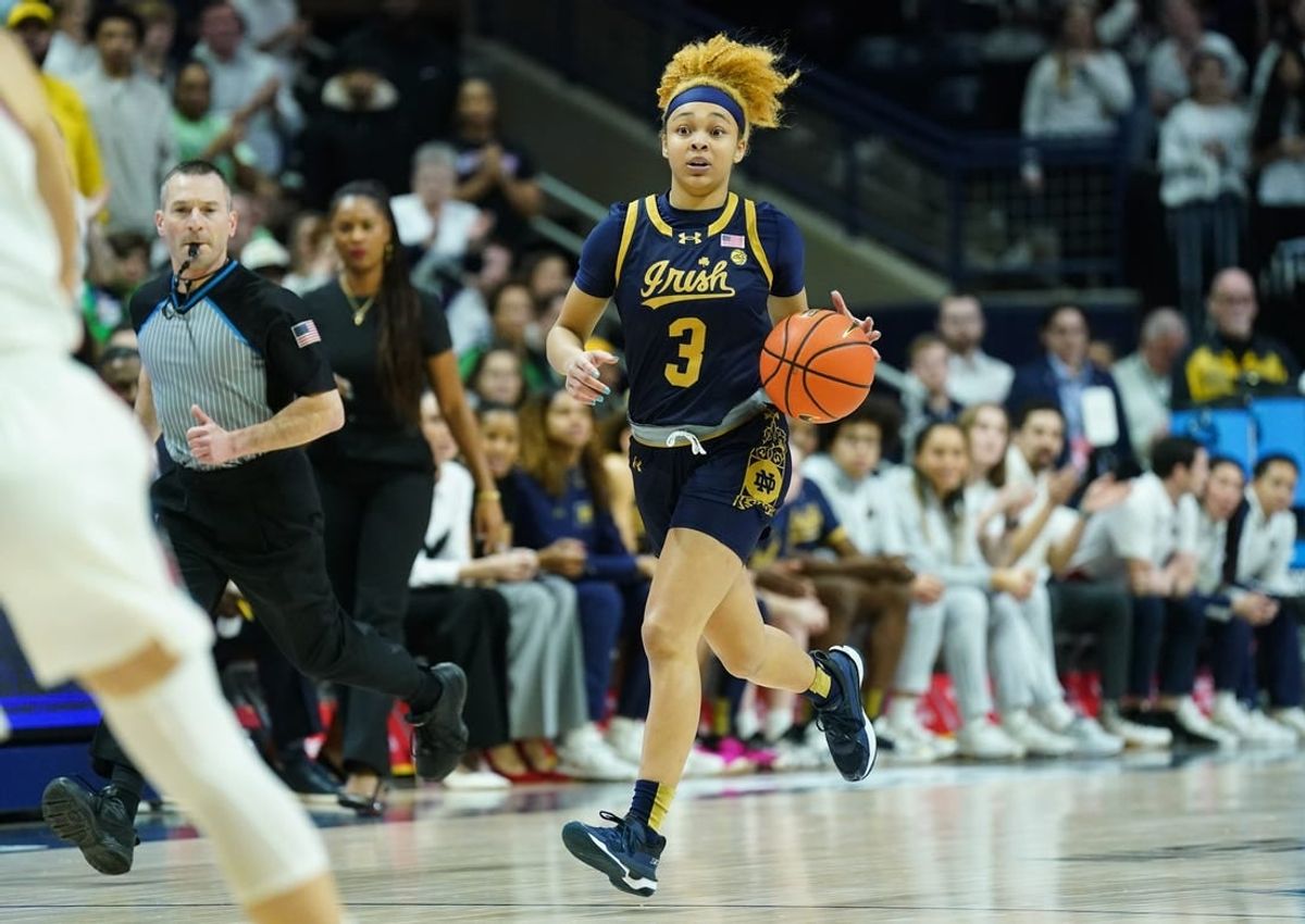 Jan 27, 2024; Storrs, Connecticut, USA; Notre Dame Fighting Irish guard Hannah Hidalgo (3) returns the ball against the UConn Huskies in the first half at Harry A. Gampel Pavilion.