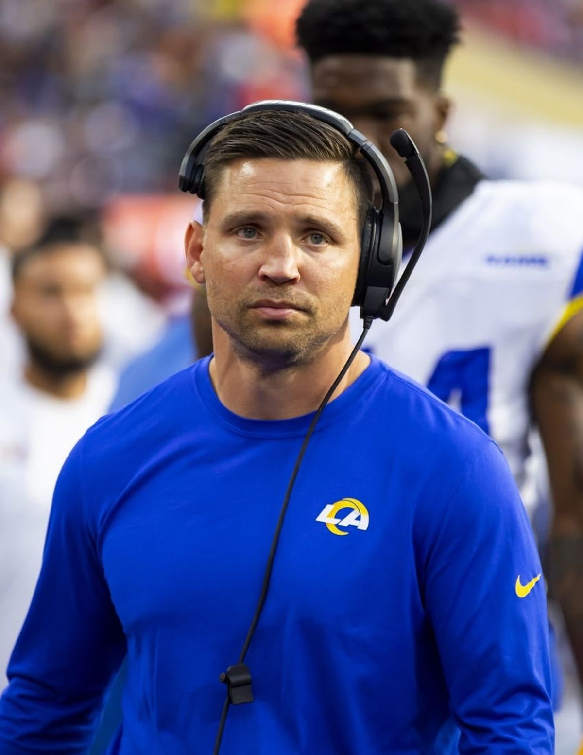 Feb 13, 2022; Inglewood, CA, USA; Los Angeles Rams linebackers coach Chris Shula against the Cincinnati Bengals during Super Bowl LVI at SoFi Stadium.