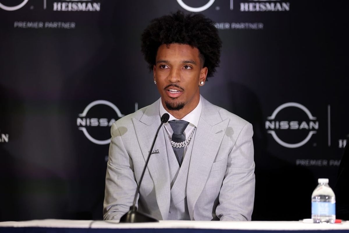 Dec 9, 2023; New York, New York, USA; LSU Tigers quarterback Jayden Daniels speaks to the media during a press conference in the Astor ballroom at the New York Marriott Marquis before the presentation of the Heisman trophy.