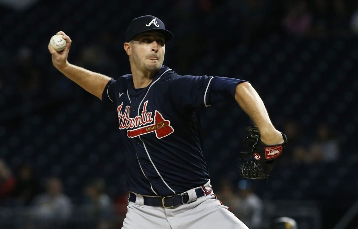 Aug 22, 2022; Pittsburgh, Pennsylvania, USA; Atlanta Braves starting pitcher Jake Odorizzi (12) delivers a pitch against the Pittsburgh Pirates during the first inning at PNC Park.