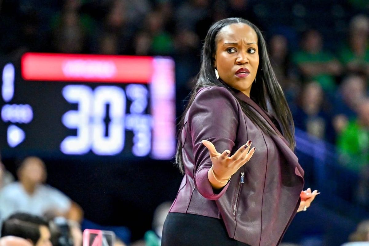 Jan 22, 2023; South Bend, Indiana, USA; Virginia Cavaliers head coach Amaka Agugua-Hamilton looks to her bench in the second half against the Notre Dame Fighting Irish at the Purcell Pavilion.
