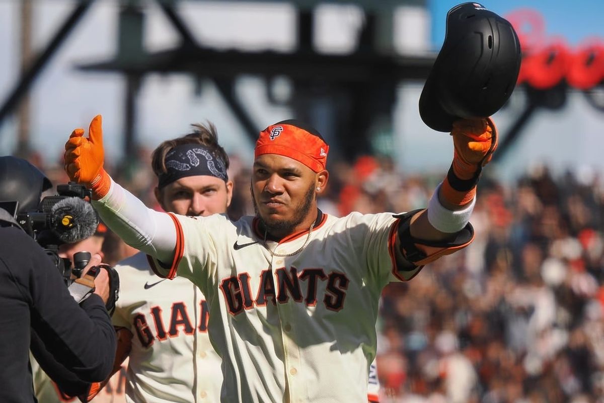 Apr 5, 2024; San Francisco, California, USA; San Francisco Giants second baseman Thairo Estrada (39) celebrates after a walk-off win against the San Diego Padres at Oracle Park.