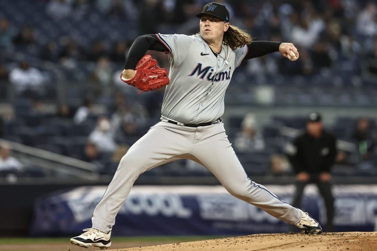 Apr 10, 2024; Bronx, New York, USA;  Miami Marlins starting pitcher Ryan Weathers (60) pitches in the first inning against the Miami Marlins at Yankee Stadium.
