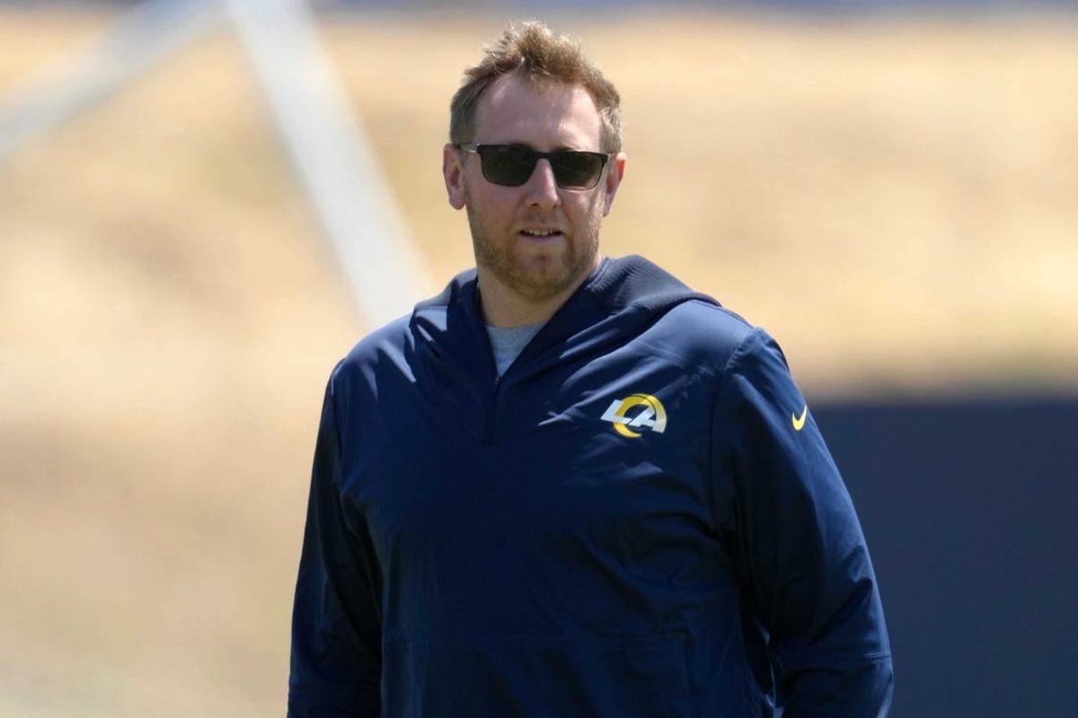 May 23, 2022; Thousand Oaks, CA, USA; Los Angeles Rams offensive coordinator Liam Coen during organized team activities at California Lutheran University.