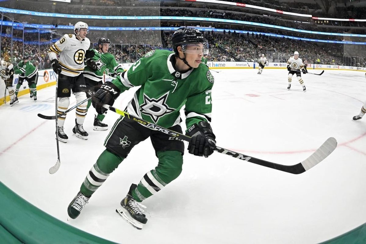 Nov 6, 2023; Dallas, Texas, USA; Dallas Stars left wing Jason Robertson (21) in action during the game between the Dallas Stars and the Boston Bruins at the American Airlines Center.