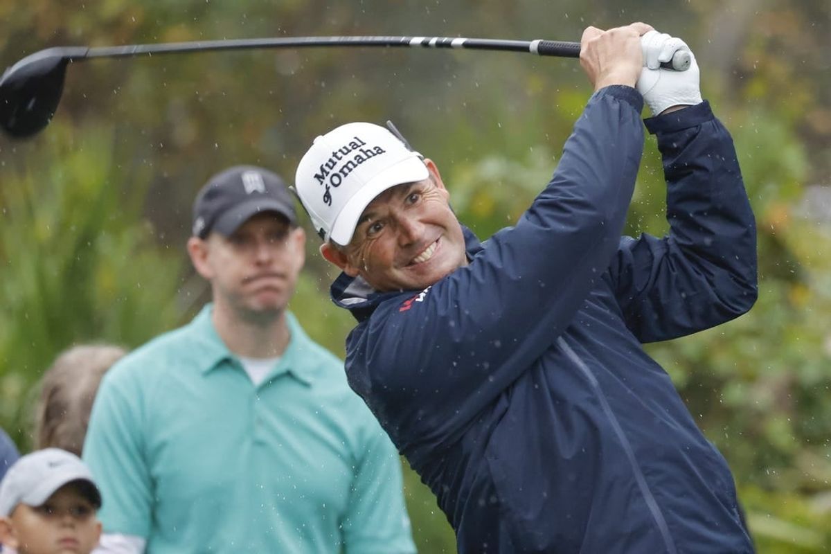 Dec 16, 2023; Orlando, Florida, USA; Padraig Harrington plays his shot from the sixth tee during the PNC Championship at The Ritz-Carlton Golf Club.