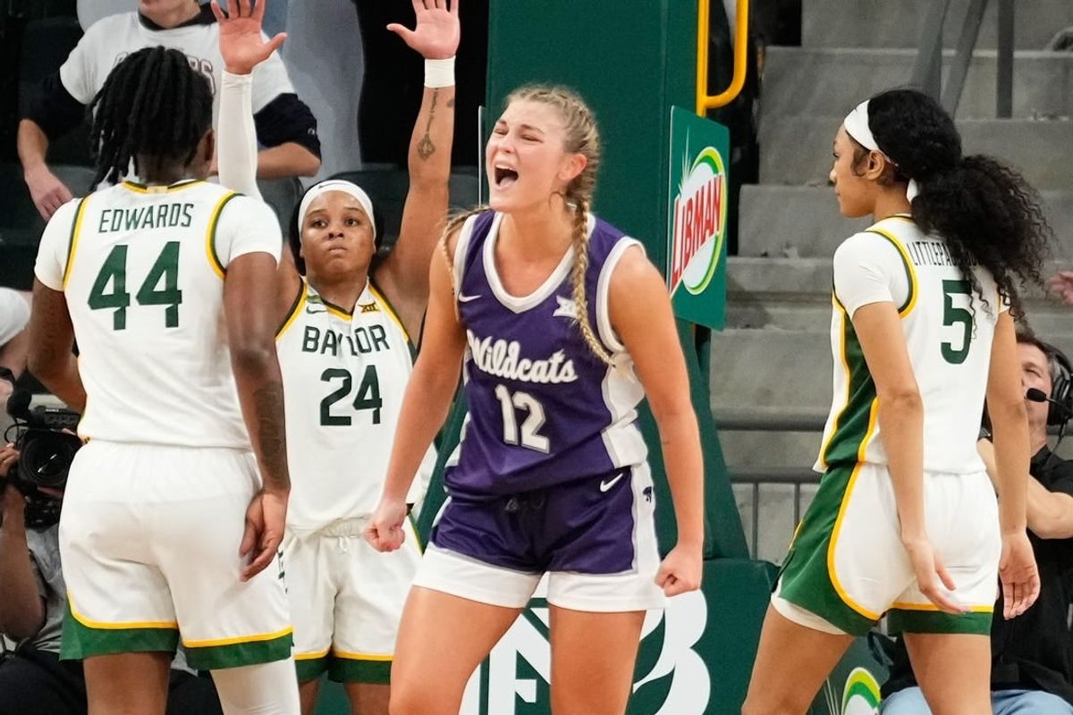 Jan 22, 2024; Waco, Texas, USA; Kansas State Wildcats guard Gabby Gregory (12) celebrates after a basket against the Baylor Lady Bears during the second half at Paul and Alejandra Foster Pavilion.