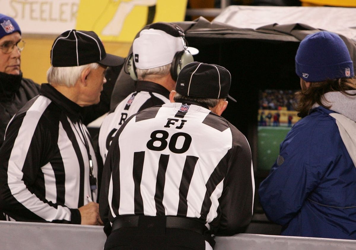 November 6, 2011; Pittsburgh,PA, USA: Officials review a play at the instant replay booth during the game between the Pittsburgh Steelers and the Baltimore Ravens at Heinz Field. The Ravens won 23-20. Mandatory Credit: Charles LeClaire-USPRESSWIRE