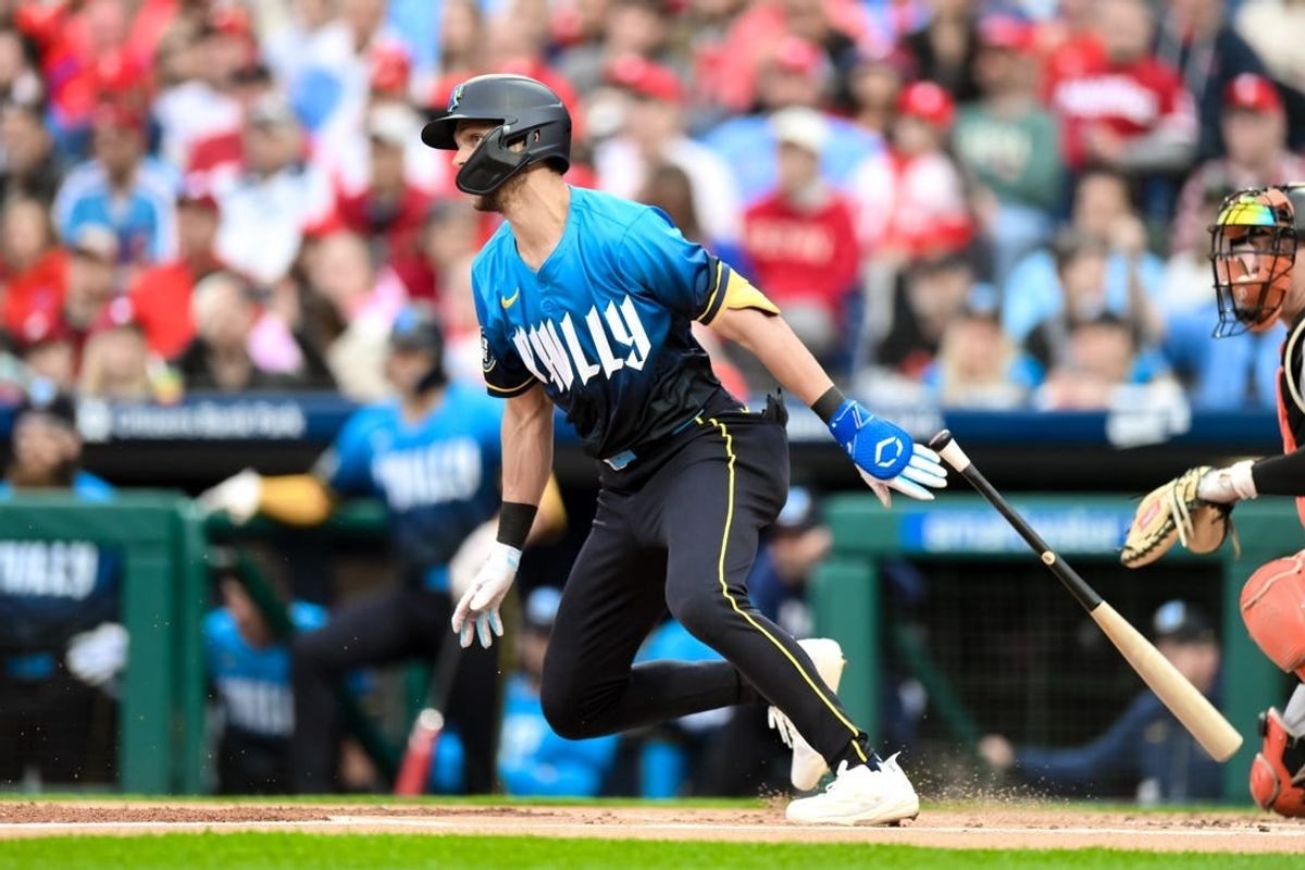 May 3, 2024; Philadelphia, Pennsylvania, USA; Philadelphia Phillies shortstop Trea Turner (7) hits a single against the San Francisco Giants during the first inning at Citizens Bank Park.